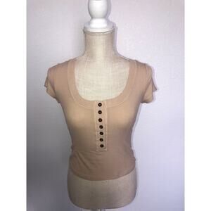 Lulus Beige Ribbed Cropped Henley T-shirt - S